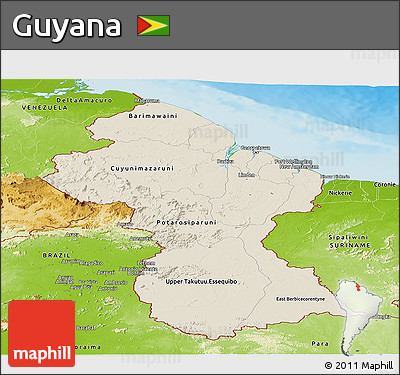 Shaded Relief Panoramic Map of Guyana, physical outside
