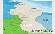 Shaded Relief Panoramic Map of Guyana, political shades outside, shaded relief sea