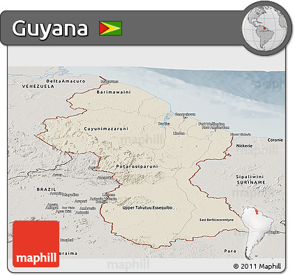 Shaded Relief Panoramic Map of Guyana, semi-desaturated