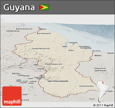 Shaded Relief Panoramic Map of Guyana, semi-desaturated