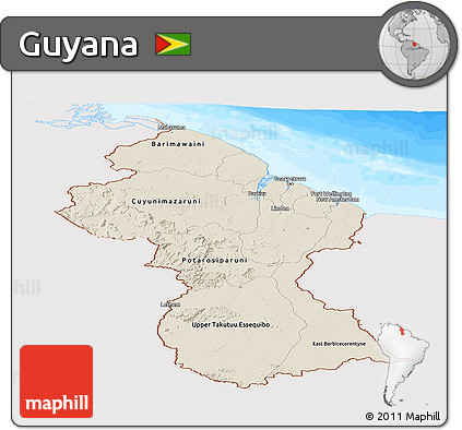 Shaded Relief Panoramic Map of Guyana, single color outside, bathymetry sea