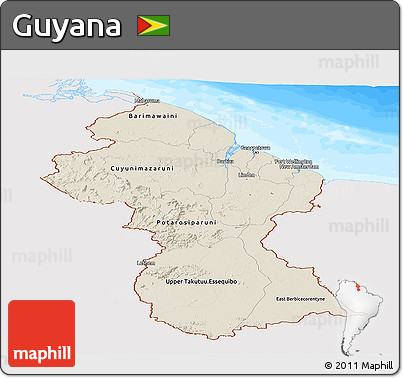Shaded Relief Panoramic Map of Guyana, single color outside, bathymetry sea