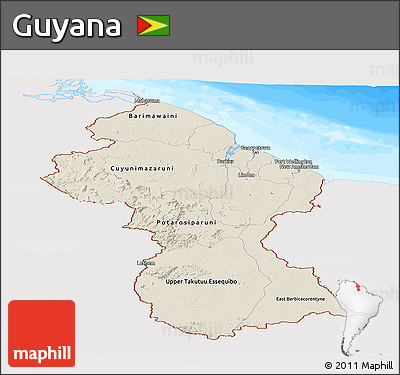Shaded Relief Panoramic Map of Guyana, single color outside, bathymetry sea