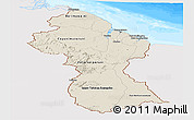 Shaded Relief Panoramic Map of Guyana, single color outside, bathymetry sea