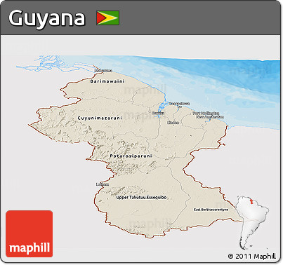 Shaded Relief Panoramic Map of Guyana, single color outside, bathymetry sea, shaded relief sea