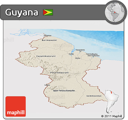 Shaded Relief Panoramic Map of Guyana, single color outside