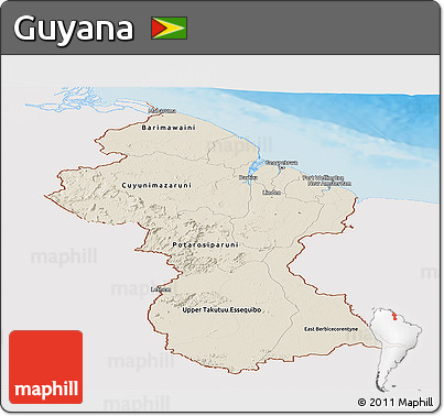 Shaded Relief Panoramic Map of Guyana, single color outside