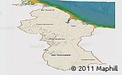 Shaded Relief Panoramic Map of Guyana, single color outside, satellite sea