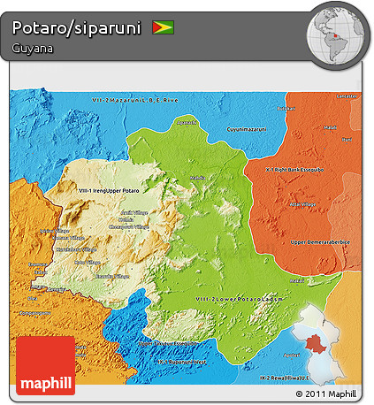 Physical 3D Map of Potaro/siparuni, political shades outside