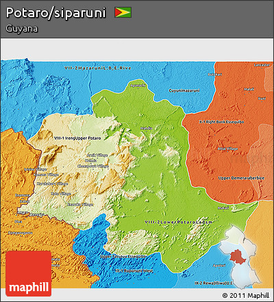 Physical 3D Map of Potaro/siparuni, political shades outside