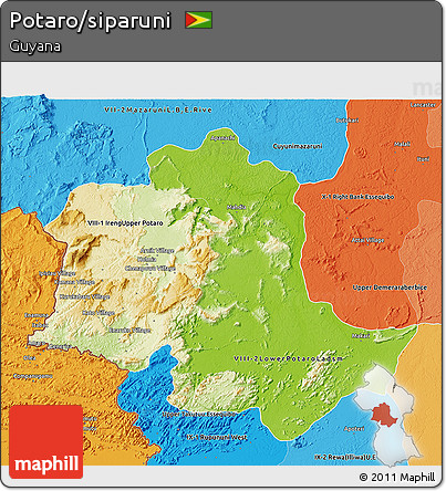 Physical 3D Map of Potaro/siparuni, political shades outside