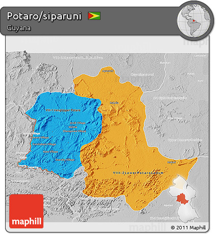 Political 3D Map of Potaro/siparuni, lighten, desaturated