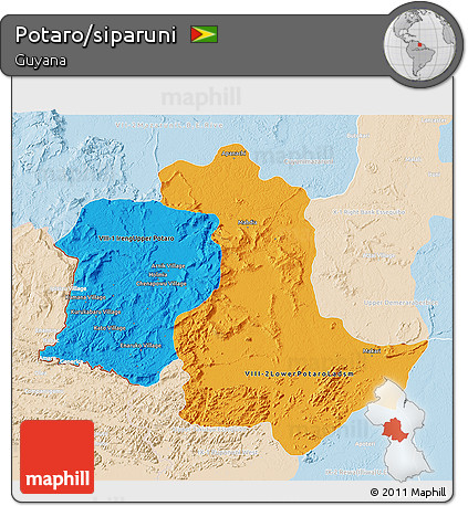Political 3D Map of Potaro/siparuni, lighten