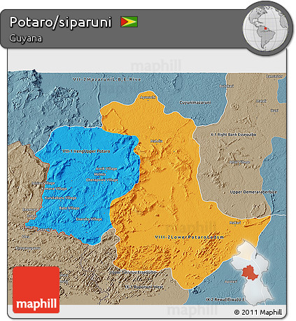 Political 3D Map of Potaro/siparuni, semi-desaturated