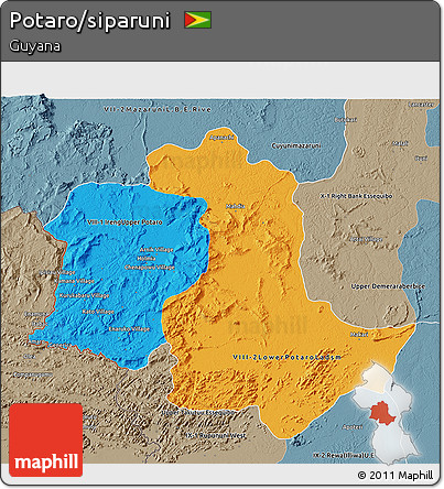Political 3D Map of Potaro/siparuni, semi-desaturated