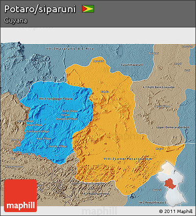 Political 3D Map of Potaro/siparuni, semi-desaturated