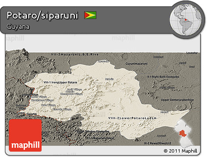 Shaded Relief Panoramic Map of Potaro/siparuni, darken