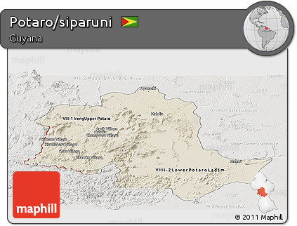 Shaded Relief Panoramic Map of Potaro/siparuni, lighten, semi-desaturated