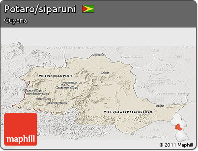 Shaded Relief Panoramic Map of Potaro/siparuni, lighten, semi-desaturated