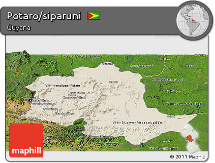 Shaded Relief Panoramic Map of Potaro/siparuni, satellite outside