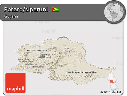 Shaded Relief Panoramic Map of Potaro/siparuni, single color outside