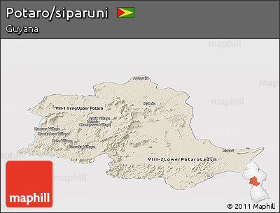 Shaded Relief Panoramic Map of Potaro/siparuni, single color outside