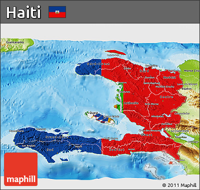 Flag 3D Map of Haiti, physical outside, bathymetry sea, flag aligned to the middle