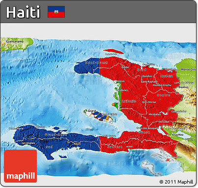 Flag 3D Map of Haiti, physical outside, bathymetry sea, flag aligned to the middle