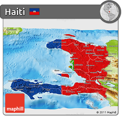 Flag 3D Map of Haiti, physical outside, flag rotated