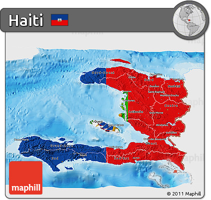 Flag 3D Map of Haiti, single color outside, bathymetry sea, shaded relief sea, flag aligned to the middle