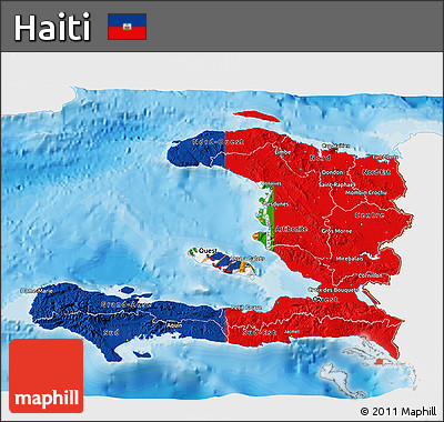 Flag 3D Map of Haiti, single color outside, bathymetry sea, shaded relief sea, flag aligned to the middle