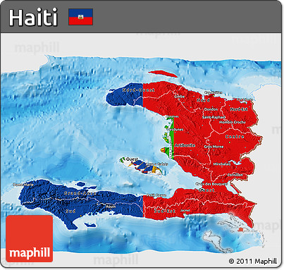 Flag 3D Map of Haiti, single color outside, bathymetry sea, shaded relief sea, flag aligned to the middle