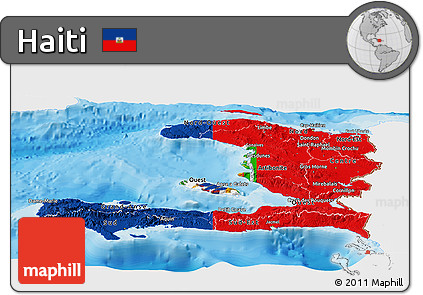 Flag Panoramic Map of Haiti, single color outside, bathymetry sea, shaded relief sea, flag aligned to the middle