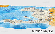 Shaded Relief Panoramic Map of Haiti, political shades outside, shaded relief sea