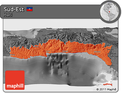 Political 3D Map of Sud-Est, darken, desaturated