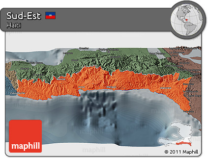 Political 3D Map of Sud-Est, darken, semi-desaturated