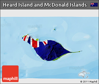 Flag 3D Map of Heard Island and McDonald Islands, physical outside, bathymetry sea, flag aligned to the middle