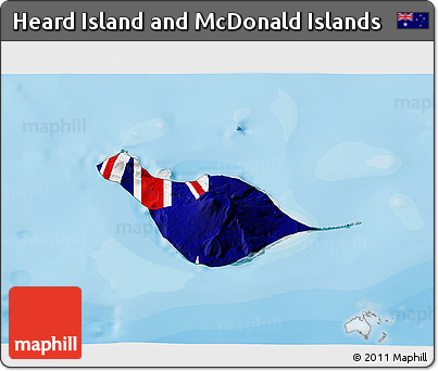 Flag 3D Map of Heard Island and McDonald Islands, satellite outside, bathymetry sea, flag aligned to the middle