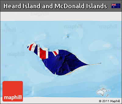 Flag 3D Map of Heard Island and McDonald Islands, shaded relief outside, bathymetry sea, flag aligned to the middle