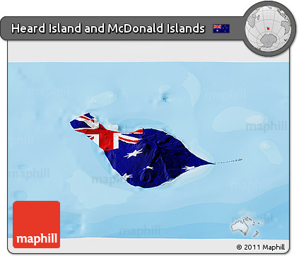 Flag 3D Map of Heard Island and McDonald Islands, single color outside, bathymetry sea, shaded relief sea, flag rotated