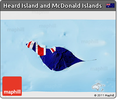Flag 3D Map of Heard Island and McDonald Islands, single color outside, shaded relief sea, flag aligned to the middle