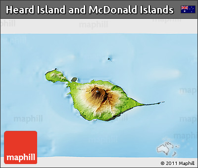 Physical 3D Map of Heard Island and McDonald Islands, darken, semi-desaturated, land only