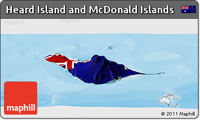Flag Panoramic Map of Heard Island and McDonald Islands, satellite outside, bathymetry sea, flag centered