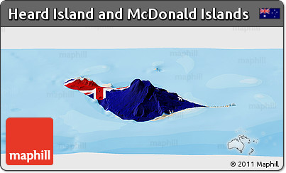 Flag Panoramic Map of Heard Island and McDonald Islands, shaded relief outside, bathymetry sea, flag centered