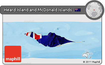 Flag Panoramic Map of Heard Island and McDonald Islands, shaded relief outside, bathymetry sea, flag aligned to the middle