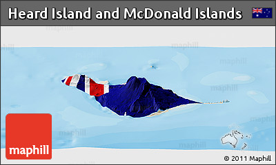 Flag Panoramic Map of Heard Island and McDonald Islands, shaded relief outside, bathymetry sea, flag aligned to the middle