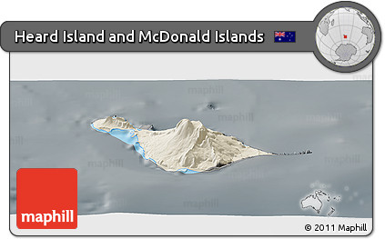 Shaded Relief Panoramic Map of Heard Island and McDonald Islands, darken, semi-desaturated