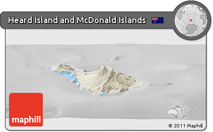 Shaded Relief Panoramic Map of Heard Island and McDonald Islands, desaturated