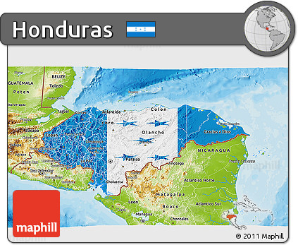 Flag 3D Map of Honduras, physical outside, bathymetry sea, flag rotated
