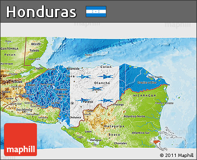 Flag 3D Map of Honduras, physical outside, bathymetry sea, flag rotated